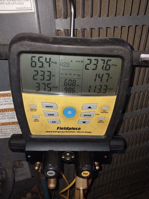 # HVAC Maintenance Service Completed

Performed comprehensive preventive maintenance on two residential air conditioning systems, both over 10 years old. Conducted thorough system diagnostics using calibrated refrigerant manifold gauges to measure operating pressures, temperatures, superheat, and subcooling values on both units. All refrigerant charge levels were verified and found to be within manufacturer specifications. System performance parameters including suction pressure, discharge pressure, superheat (8.05°F), and saturation temperatures were recorded and analyzed to ensure optimal cooling efficiency. Both outdoor condensing units showed signs of age-related wear but were functioning properly with no immediate service needs identified beyond routine maintenance.