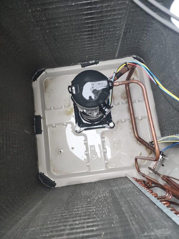 Completed scheduled cooling system maintenance and tune-up on residential HVAC unit. System operational and performing within normal parameters. Inspected outdoor condensing unit, verified compressor operation, examined refrigerant lines and electrical connections, and documented equipment condition with photographs.