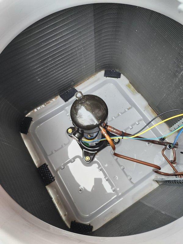 Completed routine preventative maintenance on residential heat pump system. Inspected outdoor condenser unit, noting significant accumulation of dirt and debris on coil surfaces requiring cleaning for optimal heat transfer efficiency. Examined compressor assembly, refrigerant lines, and electrical connections within unit, confirming all components operational with no visible refrigerant leaks or damaged wiring. System operating within normal parameters upon completion of scheduled maintenance visit.