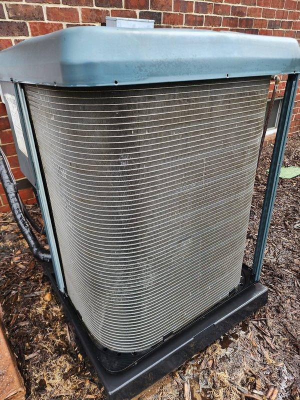 Completed comprehensive preventive maintenance inspection on residential outdoor air conditioning condenser unit. Performed visual inspection of compressor, condenser coils, refrigerant lines, and electrical connections, confirming all components operating within normal parameters. Unit found in good working condition with coils clean and system ready for cooling season operation.