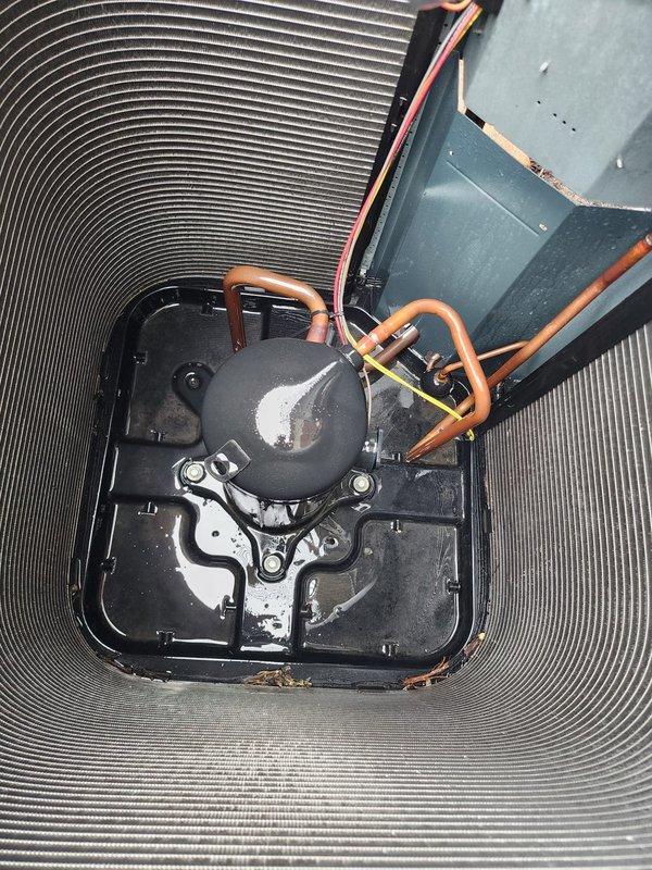 Completed comprehensive preventive maintenance inspection on residential outdoor air conditioning condenser unit. Performed visual inspection of compressor, condenser coils, refrigerant lines, and electrical connections, confirming all components operating within normal parameters. Unit found in good working condition with coils clean and system ready for cooling season operation.