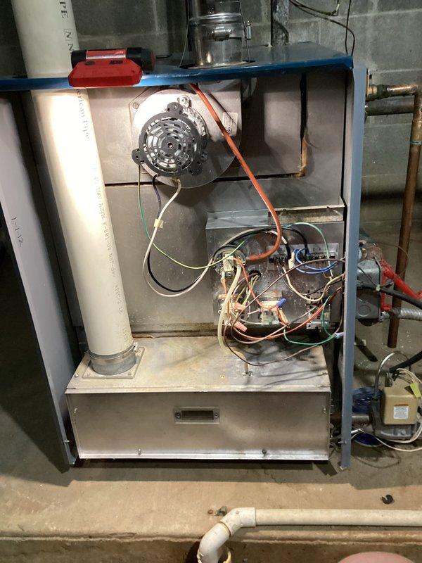 Performed system startup on newly installed blue boiler unit and heating equipment in mechanical room. Verified proper operation of circulator pump, zone valves, and hydronic piping network with copper and black pipe configurations. Conducted heating maintenance on pre-existing furnace unit, inspecting blower motor assembly, electrical connections, and control boards. All systems tested and confirmed operational with no deficiencies noted.