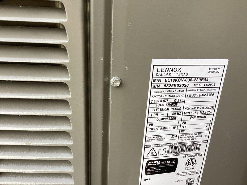 Completed system start-up on newly installed Lennox EL18KCV-036-230B04 air conditioning unit utilizing R-454B refrigerant. Verified operating pressures and temperatures using refrigerant manifold, confirming system charged to factory specifications of 7 lbs with proper superheat of 20.6°F on low side (106.5 PSIG) and subcooling of 13.1°F on high side (242.5 PSIG), indicating optimal refrigerant charge and system performance. Unit operational and ready for service.