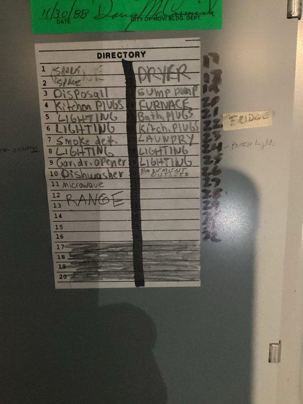 Performed electrical assessment of existing 32-circuit main breaker panel to provide estimate for DTE interruptible service connection or dedicated air conditioning circuit installation. Documented current panel configuration showing mixed breaker occupancy with available spaces for additional circuits. Panel directory indicates existing circuits serve standard residential loads including range, dryer, dishwasher, disposal, microwave, lighting circuits, receptacle circuits, smoke detectors, furnace, and sump pump. Photographed panel interior and circuit directory for estimate preparation purposes.