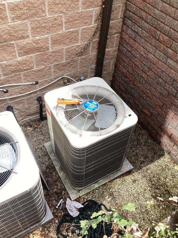 Responded to request for AC replacement estimate. Inspected two existing outdoor condenser units positioned against exterior brick walls, documented current equipment condition including refrigerant line connections, electrical conduits, and mounting configurations on concrete pads for replacement proposal.
