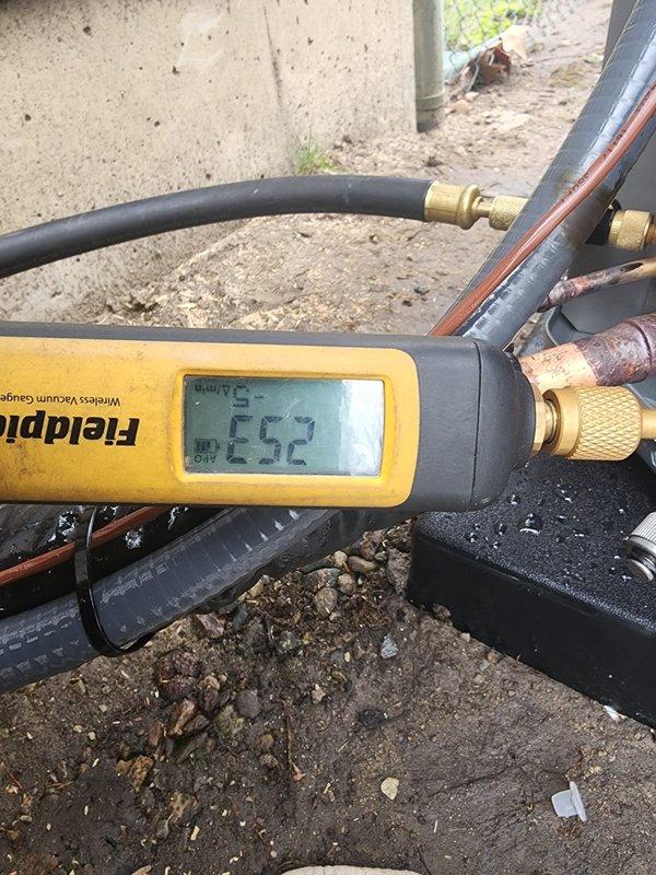 Completed warranty replacement of residential air conditioning system. Installed new A/C unit, evacuated refrigerant lines to proper vacuum levels as verified by digital micron gauge reading, and returned defective equipment to shop per warranty protocol.
