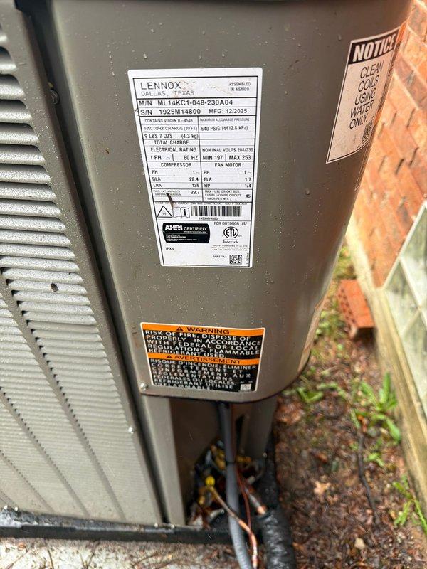 Completed installation and startup of Lennox ML14XC1-048-230A04 air conditioning system. Connected and tested electrical supply, installed refrigerant lines with proper insulation, verified system pressures and temperatures using digital manifold gauges, and confirmed unit operational parameters meet manufacturer specifications. Chimney liner installation completed as requested, and equipment manuals provided to customer.