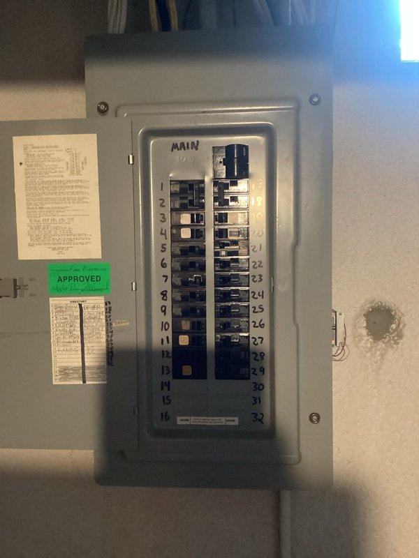 Installed whole-home surge suppressor device on main electrical service panel to protect household circuits and appliances from voltage spikes. Device was properly mounted adjacent to the 32-circuit main breaker panel, connected per manufacturer specifications, and tested to confirm operational status with green indicator lights illuminated.