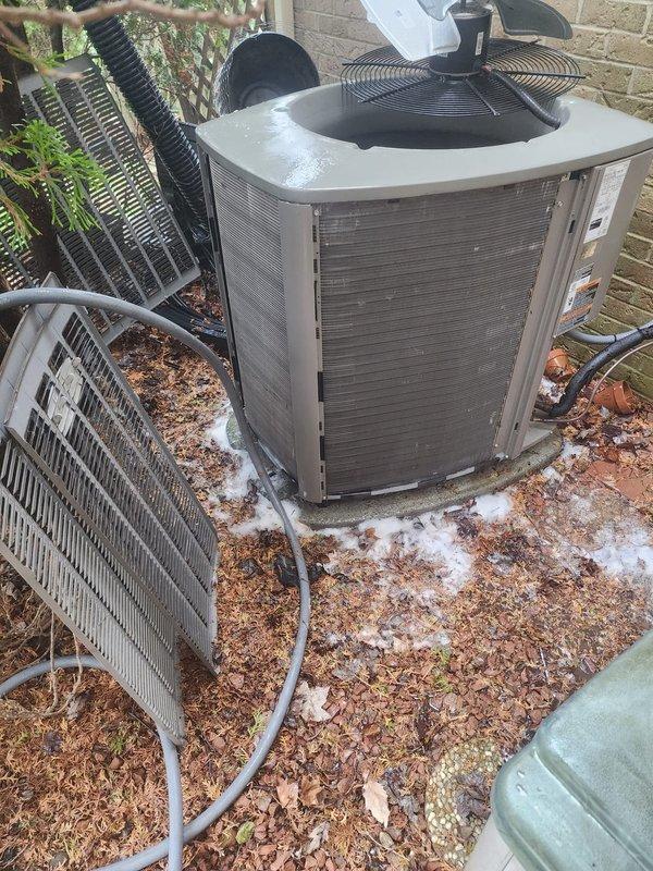 Completed routine A/C maintenance on outdoor condensing unit. Performed comprehensive system inspection including visual assessment of condenser coils, compressor, capacitor, electrical connections, and refrigerant lines. All components found to be operational with normal wear patterns consistent with system age. Unit cycling properly with adequate airflow through condenser coils.