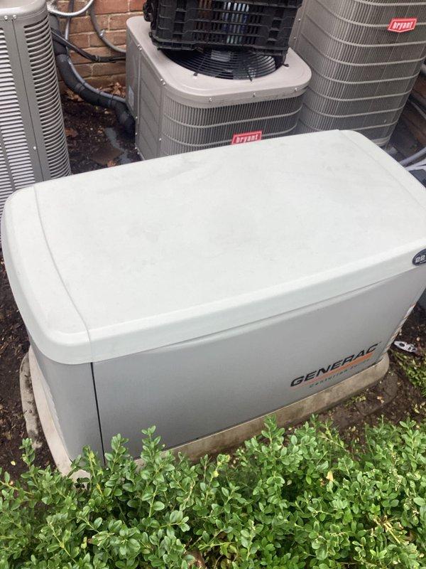 Performed scheduled maintenance on Generac standby generator unit. Inspected and cleaned fuel delivery system components, including removal and examination of fuel nozzles which showed normal wear patterns. Verified generator housing integrity, checked all external connections, and confirmed proper placement on concrete pad. Conducted visual inspection of surrounding area and adjacent HVAC equipment to ensure adequate clearance and ventilation for safe generator operation.