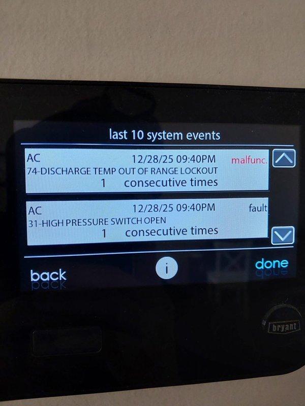 Responded to service call for A/C unit not operating during afternoon hours. Upon arrival, accessed system diagnostics and found two critical faults logged: high pressure switch open and discharge temperature out of range lockout. Inspected compressor assembly and associated refrigerant lines, identifying failed compressor as root cause of both fault conditions. Replaced defective compressor unit, reconnected all refrigerant lines and electrical connections, and cleared system faults. System restored to normal operation.