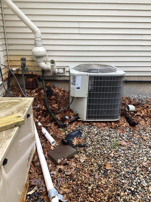 Completed equipment assessment and provided replacement estimate for residential HVAC system including air conditioning unit and natural gas furnace, both approximately 12 years old and currently operational. Evaluated existing outdoor condenser unit, indoor air handler components, copper refrigerant line set with ball valves, PVC condensate drainage system, and associated mechanical equipment to determine specifications and requirements for complete system replacement.
