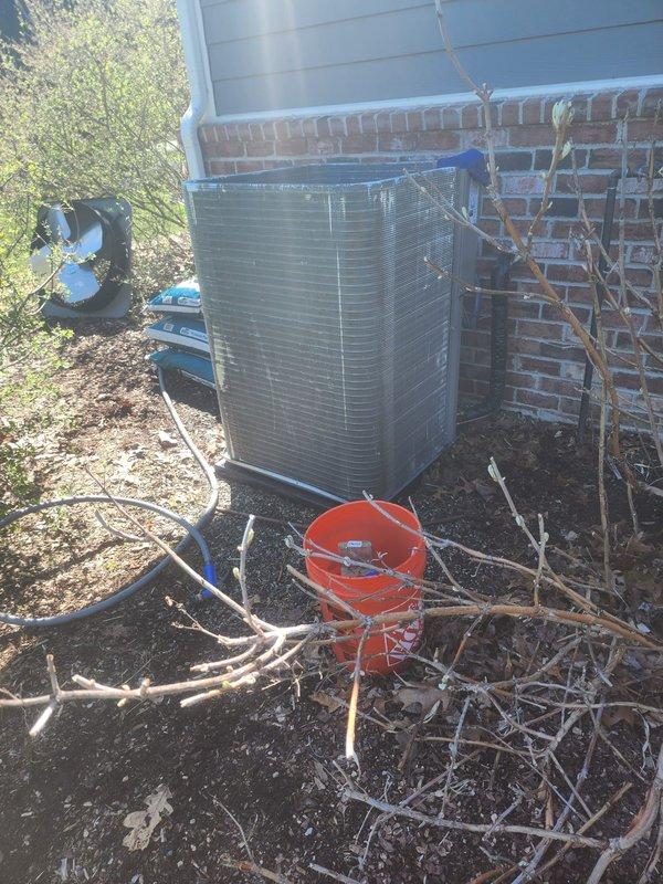 Completed scheduled prepaid maintenance tune-up on residential cooling system. Performed comprehensive inspection of outdoor condenser unit and indoor evaporator coil assembly. System found operating within normal parameters with no immediate service needs identified. Documented equipment condition through photographic records showing evaporator coil with diamond plate heat exchanger, blower motor assembly with electrical connections intact, and exterior condenser unit positioned against building foundation. All components inspected and confirmed in working order for continued operation through the 2025 cooling season.