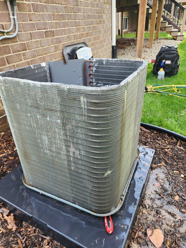 Completed routine maintenance on residential cooling system. Performed comprehensive inspection of outdoor condenser unit and indoor air handler, including examination of refrigerant lines, electrical connections, and internal components. All copper tubing, coil assemblies, and mechanical components found operational with normal wear patterns consistent with regular use.