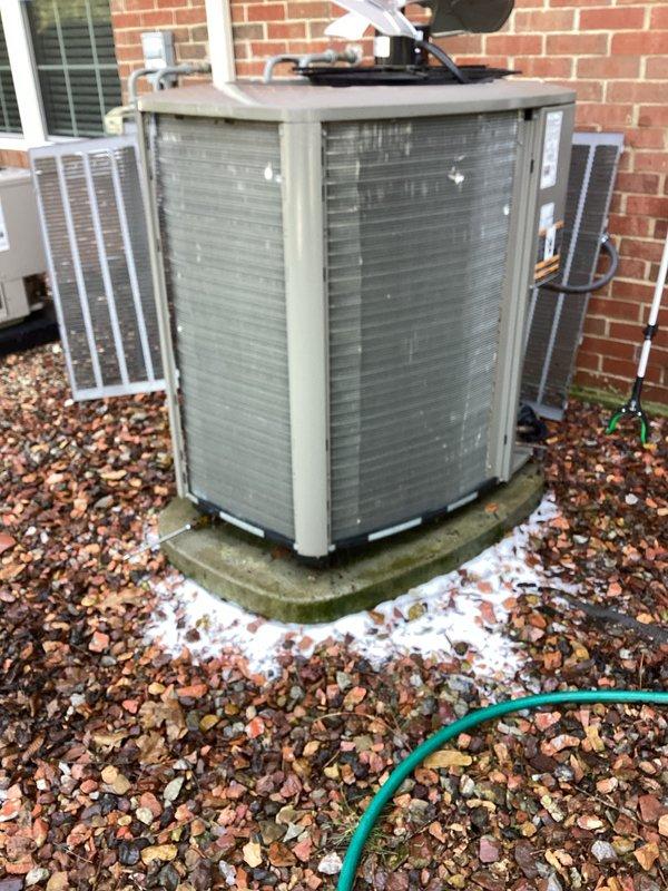 Completed scheduled maintenance on residential air conditioning system. Performed comprehensive inspection of outdoor condensing unit and internal components, including compressor assembly, refrigerant lines, and electrical connections. Unit found operating within normal parameters with all components functioning properly. Documented equipment condition through photographic records for service history.