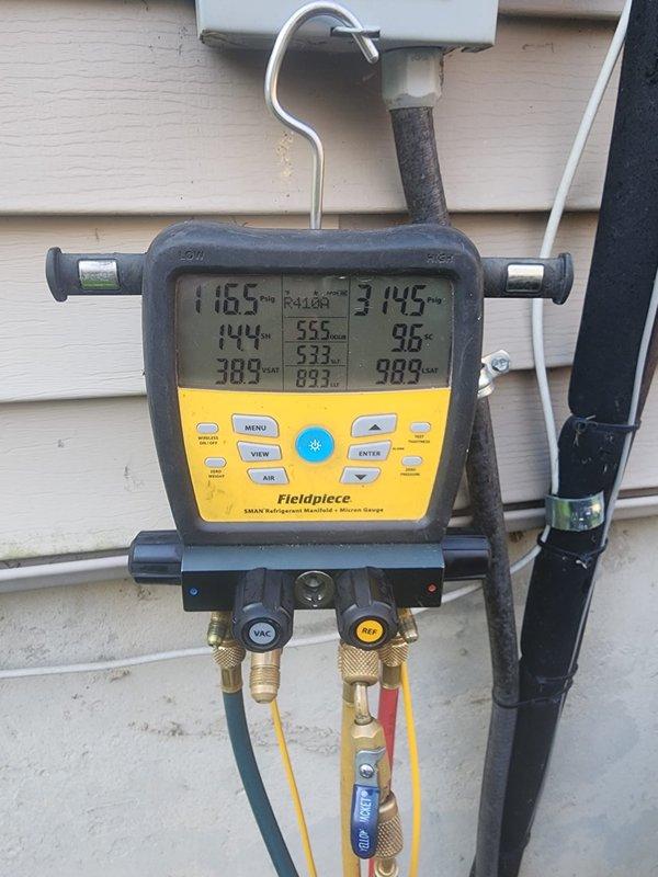 Completed scheduled air conditioning maintenance on residential cooling system. Used refrigerant manifold gauges to measure and verify system pressures and temperatures across all operational parameters, confirming proper refrigerant charge and system performance. Inspected and serviced outdoor condensing unit components, including electrical connections and line set connections at exterior service location.