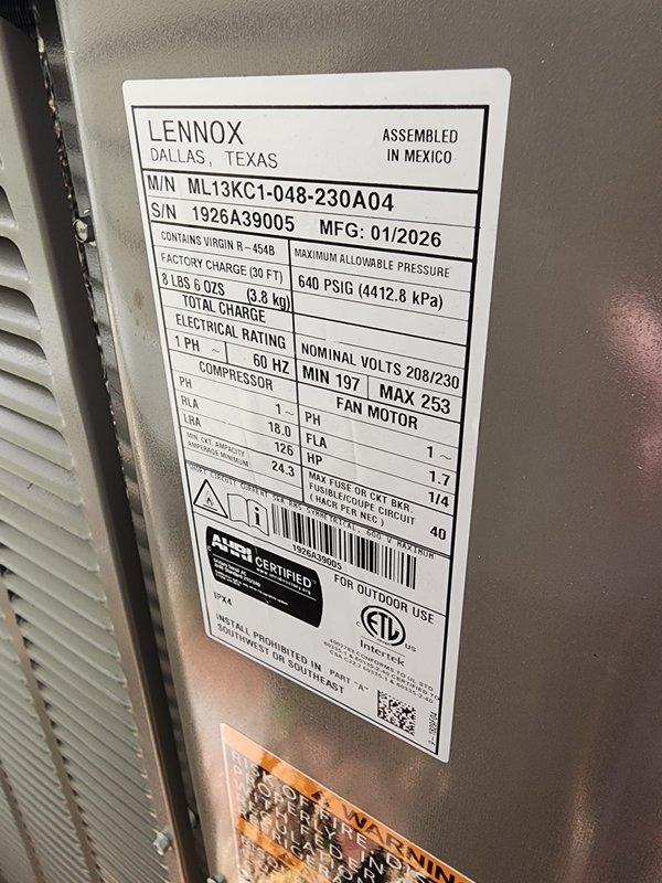 Successfully installed a Lennox ML13KC1-048-230A04 air conditioning unit with a 208/230V electrical configuration. The outdoor condensing unit was properly mounted, connected to the existing air handler in the attic space, and all refrigerant lines were secured and insulated per manufacturer specifications. Total system refrigerant charge was documented and verified to meet factory requirements for optimal performance and efficiency.
