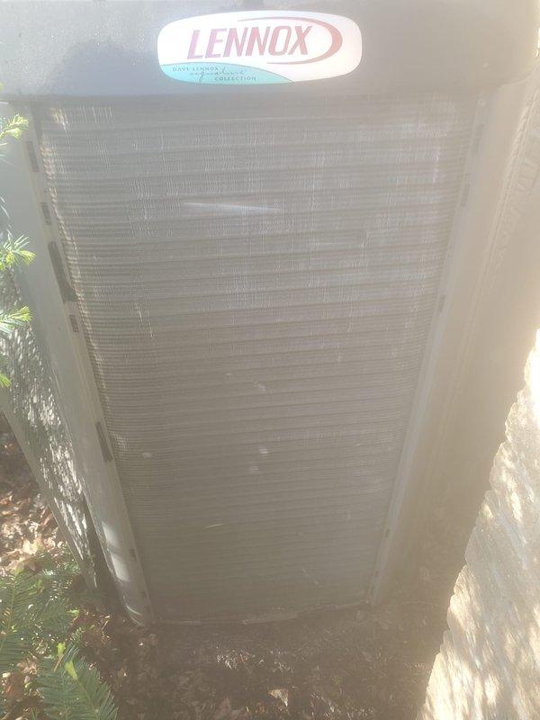 Completed scheduled preventive maintenance on Lennox outdoor condensing unit. Performed visual inspection of compressor, refrigerant lines, and electrical connections. Verified proper operation of condenser fan motor and compressor. Inspected copper refrigerant lines for signs of leaks or damage, noting normal patina on exposed tubing. Checked service valves and fittings for security. Examined base pan for proper drainage and cleared minor debris accumulation. Confirmed unit operating within normal parameters for cooling season.