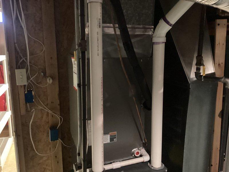 Completed installation of 50-gallon tanked water heater in basement mechanical room. Unit was professionally mounted, connected to existing water supply lines, and integrated with proper drainage system using PVC piping. All electrical connections were made to code with appropriate junction box and power supply, and the system was tested for proper operation and leak-free performance.