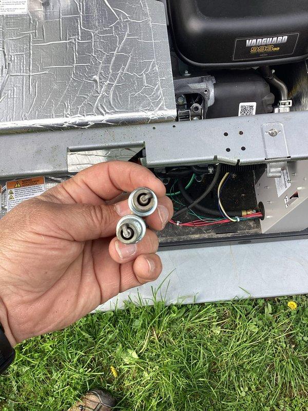 Completed scheduled maintenance on residential standby generator unit. Performed standard 8-10 amp service protocol including inspection of engine components, verification of serial number and regulatory compliance labels, and battery system assessment. Replaced batteries in control panel to ensure reliable backup power operation and proper system startup functionality.