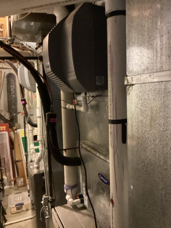 Provided comprehensive estimate for replacement of non-operational furnace system located in walk-out basement, with existing equipment exceeding 20 years of service life. Assessment included evaluation of current Carrier air handler installation with associated ductwork, PVC condensate drainage, and refrigerant line configuration. Additional estimate provided for humidifier replacement on secondary HVAC unit per customer request.