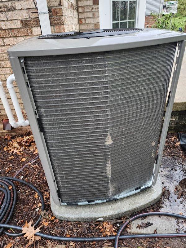 Completed scheduled air conditioning maintenance on residential condensing unit and air handler system. Performed comprehensive inspection of outdoor unit, noting accumulation of dirt and debris on condenser coil fins consistent with normal seasonal exposure. Inspected refrigerant lines, drain pan assembly, and internal components of air handler. Verified proper operation of condensate pump and drainage system. All copper refrigerant lines showed no signs of damage or leakage. System components functioning within normal parameters with no immediate repairs required.