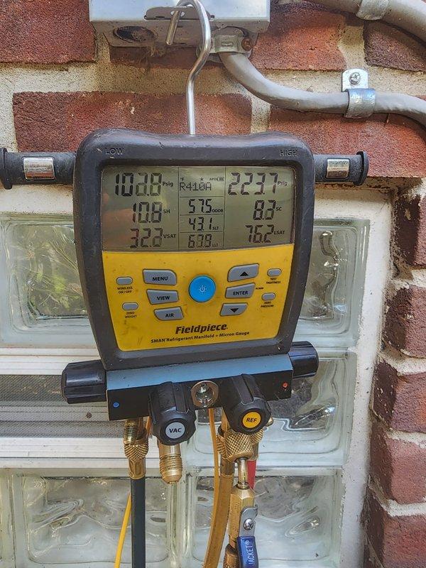 Completed preventive maintenance on two residential air conditioning systems. Performed comprehensive system diagnostics using refrigerant manifold gauges to verify proper operating pressures and temperatures across both units. Inspected condenser units, confirmed fan operation, checked electrical connections, and verified adequate airflow through coils. Both systems operating within manufacturer specifications with no deficiencies noted.