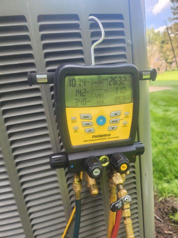 Responded to no cooling complaint on residential Bryant HVAC system. Upon arrival, performed diagnostic testing using digital manifold gauges to measure refrigerant pressures and system performance. Identified refrigerant leak in system requiring repair. Conducted pressure testing, located leak source, and completed necessary repairs to restore proper refrigerant charge levels. System tested and verified operating within manufacturer specifications with proper cooling capacity restored.