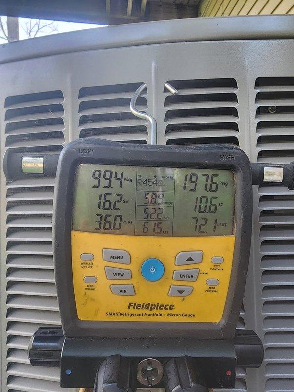 Completed complimentary system startup on newly installed HVAC unit, verifying proper refrigerant pressures, temperatures, and system performance using calibrated manifold gauges. All operating parameters measured within manufacturer specifications, with suction pressure at 99.4 psig, discharge pressure at 197.6 psig, and superheat/subcooling values confirming optimal refrigerant charge and system operation.