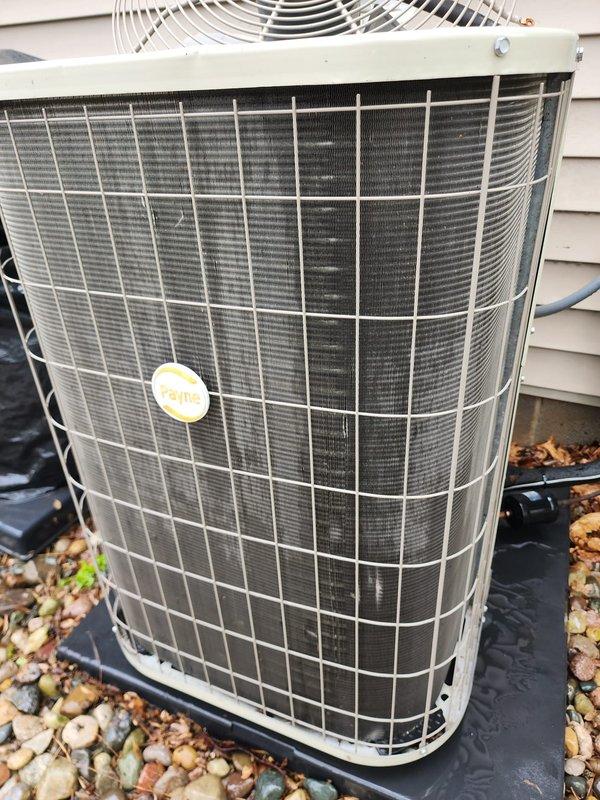Completed scheduled air conditioning maintenance on residential cooling system. Performed routine inspection of outdoor condenser unit, verified proper operation of compressor and fan motor, checked refrigerant lines and electrical connections, and cleared debris from unit base. All components found operating within normal parameters with no immediate service needs identified.