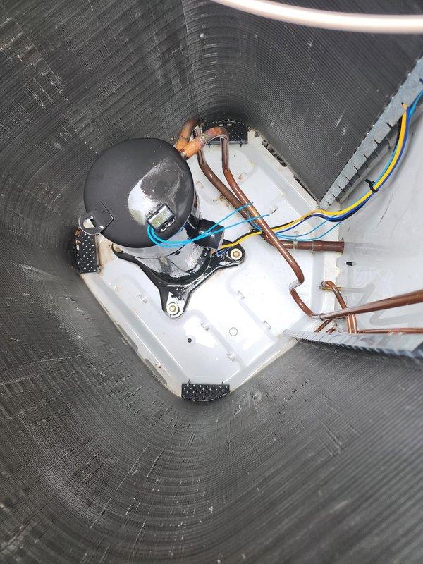 Completed scheduled air conditioning maintenance on residential cooling system. Performed routine inspection of outdoor condenser unit, verified proper operation of compressor and fan motor, checked refrigerant lines and electrical connections, and cleared debris from unit base. All components found operating within normal parameters with no immediate service needs identified.