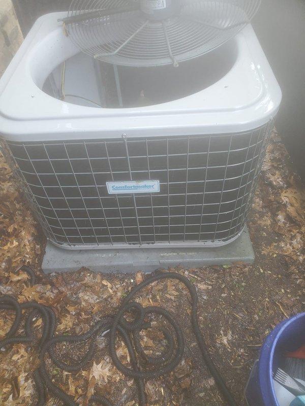 Performed comprehensive preventive maintenance tune-up on residential Comfortmaker cooling system. System was found to be operating properly upon arrival. Completed full inspection of outdoor condenser unit, including electrical connections, refrigerant lines, and compressor operation. Cleaned condenser coils, verified proper airflow through fan assembly, and inspected unit mounting and concrete pad stability. All components tested within normal operating parameters, and system confirmed fully functional at completion.