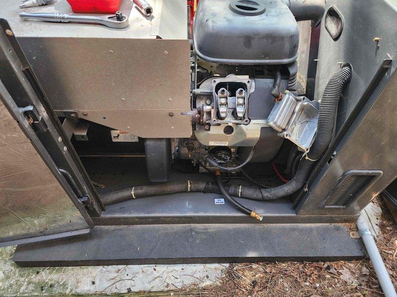 Completed scheduled maintenance on residential standby generator unit. Performed comprehensive inspection of engine compartment, control panel, and electrical components. Verified proper operation of digital control system, checked battery condition, inspected fuel lines and connections, and examined exhaust system components for wear and proper routing. All systems found to be functioning within normal parameters.