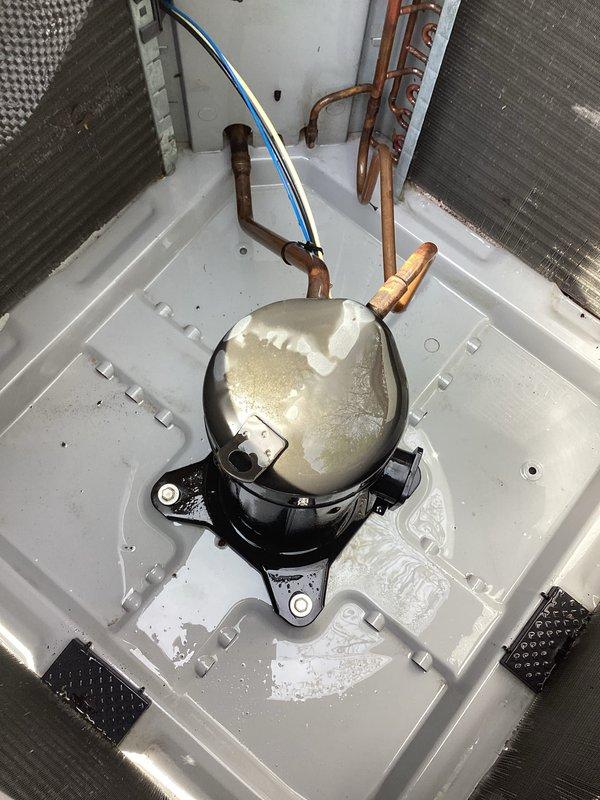 Completed comprehensive preventive maintenance on aging outdoor condensing unit per seasonal tune-up protocol. Performed full system inspection, installed customer-supplied Air Bear filter, verified refrigerant lines and compressor operation, and documented unit condition with photographic evidence. All components found operating within acceptable parameters for equipment age, with minor condensation noted on compressor assembly consistent with normal cooling operation.