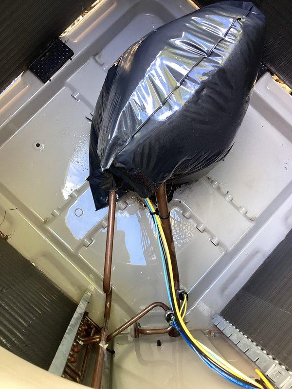 Completed scheduled preventative maintenance on residential air conditioning system and hot water heater. Performed thorough inspection of A/C evaporator coil, confirmed proper fin alignment and verified adequate airflow through heat exchanger. Inspected refrigerant line insulation and electrical connections within air handler cabinet, noting secure installation and proper routing of copper lines and control wiring. Checked condensate drain pan for proper drainage and cleaned minor debris accumulation. All components operating within normal parameters with no immediate service needs identified.