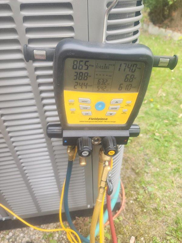 Completed routine AC maintenance on residential split system. Used digital manifold gauges to check system pressures and temperatures, with readings indicating normal operating parameters. Condenser unit exterior showed accumulation of dirt and debris; inspected refrigerant lines, electrical connections, and overall equipment condition as part of standard maintenance protocol.