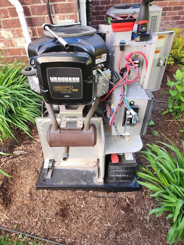 Performed routine maintenance on Vanguard 627cc generator unit, including removal and replacement of spark plugs showing normal wear patterns. Inspected electrical connections, control panel wiring, and engine components to ensure proper operation. Coordinated generator service with scheduled AC maintenance for efficient completion of both systems during the same service visit.