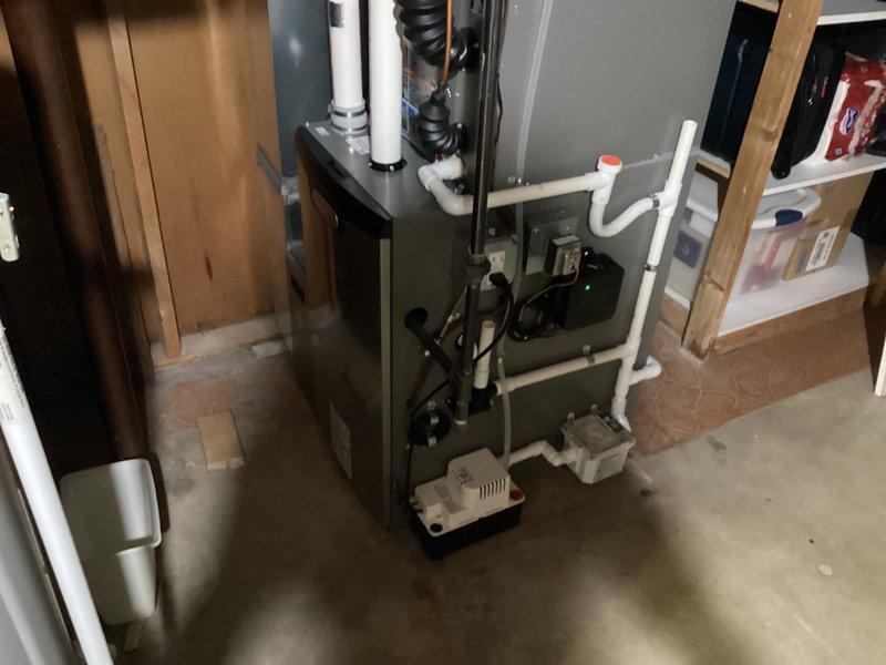 Completed installation of a 50-gallon tanked water heater in basement utility area. Unit was properly positioned, connected to existing plumbing lines, and integrated with HVAC system components including ductwork and ventilation. All connections were tested and verified operational upon completion.