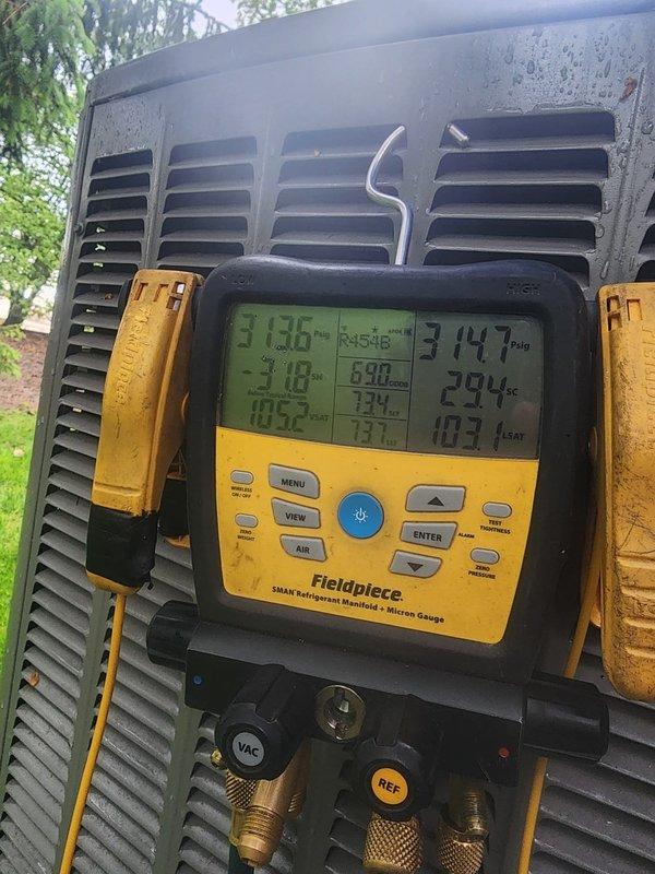 Responded to no cooling call on recently installed system. Upon arrival, connected manifold gauges to check refrigerant pressures and temperatures. System diagnostics revealed abnormal operating pressures and temperatures across suction and discharge lines. Performed comprehensive system evaluation using digital manifold to assess refrigerant charge, superheat, and subcooling values. Identified and corrected refrigerant charge issue, bringing system parameters within manufacturer specifications. Verified proper system operation with all readings stabilized in normal range before departure.