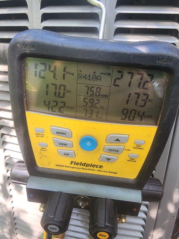 Responded to Error Code 434 on residential air conditioning system. Performed comprehensive AC maintenance under warranty coverage, including system diagnostics using refrigerant manifold and micron gauge. Verified operating pressures, temperatures, and refrigerant levels within manufacturer specifications. Inspected condenser unit components including fan assembly, capacitor, and electrical connections. All measurements recorded normal operating parameters with supply and return temperatures appropriate for ambient conditions. System tested and confirmed operational with no further error codes present.