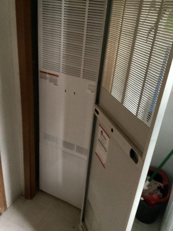 Completed comprehensive replacement estimate for dual HVAC system consisting of two cabinet-style air handling units installed in interior utility closet. Documented existing equipment configuration, measured installation space, photographed current units with louvered front panels, and assessed mechanical room accessibility for equipment removal and new system installation. Scheduled later service window as requested to accommodate property access requirements.