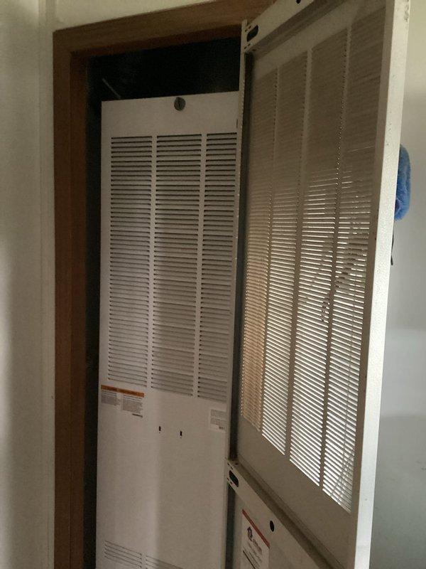 Completed comprehensive replacement estimate for dual HVAC system consisting of two cabinet-style air handling units installed in interior utility closet. Documented existing equipment configuration, measured installation space, photographed current units with louvered front panels, and assessed mechanical room accessibility for equipment removal and new system installation. Scheduled later service window as requested to accommodate property access requirements.