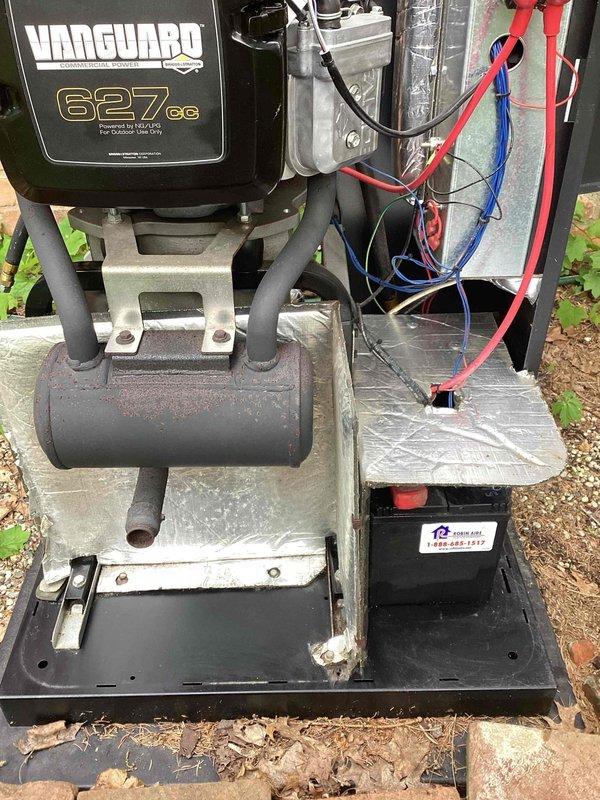 Completed routine maintenance on Vanguard 627cc portable generator unit. Performed standard 8-10 hour service interval inspection including engine oil check, air filter examination, spark plug assessment, fuel system verification, and battery terminal cleaning on PowerLast 12-volt battery. All electrical connections, mounting hardware, exhaust components, and muffler assembly were inspected and confirmed secure with no issues identified. Unit tested and operating within normal parameters.