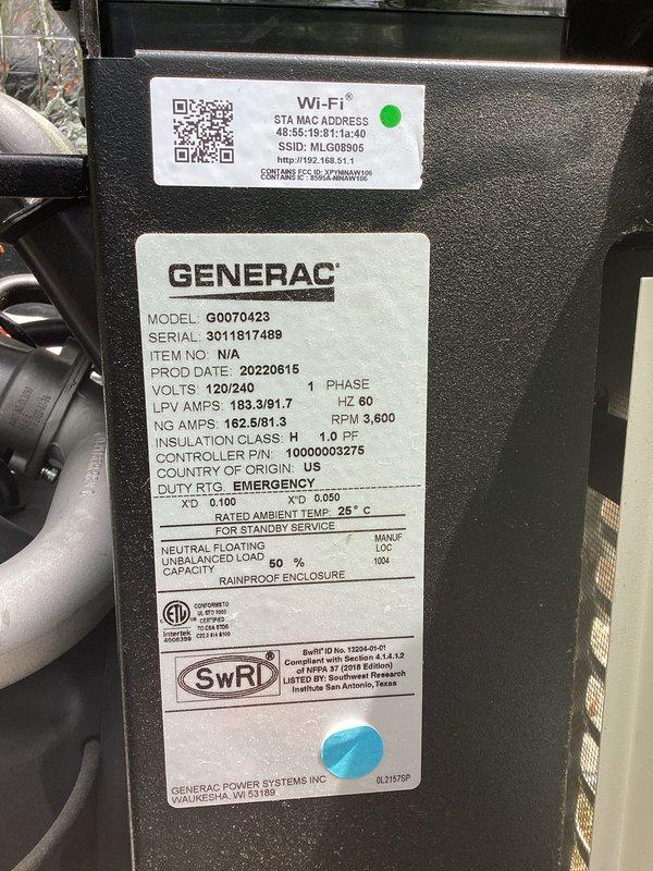 Performed scheduled maintenance on Generac 22kW standby generator, model G0070423. Inspected unit components, verified operational status of control systems and Wi-Fi connectivity module, and replaced fasteners as part of routine service protocol to ensure continued reliable emergency power operation.