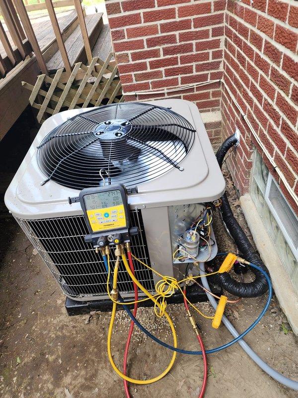 Completed installation of new Bryant air conditioning system and T6 programmable thermostat at residential property. Connected outdoor condensing unit to existing furnace system in basement, ran refrigerant lines, performed vacuum test, and charged system to manufacturer specifications. Verified proper airflow, tested all electrical connections, and confirmed thermostat communication with new equipment. System startup successful with all performance metrics within normal operating parameters, and customer payment processed through financing arrangement.
