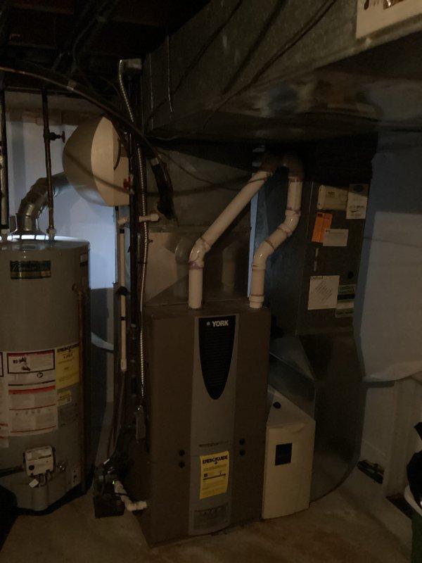 Conducted on-site assessment for furnace replacement estimate in residential basement mechanical room. Evaluated existing York brand furnace unit, documented current equipment configuration including PVC venting system, ductwork connections, and proximity to water heater. Photographed equipment layout and clearances to provide accurate replacement specifications and ensure proper sizing for new unit installation.