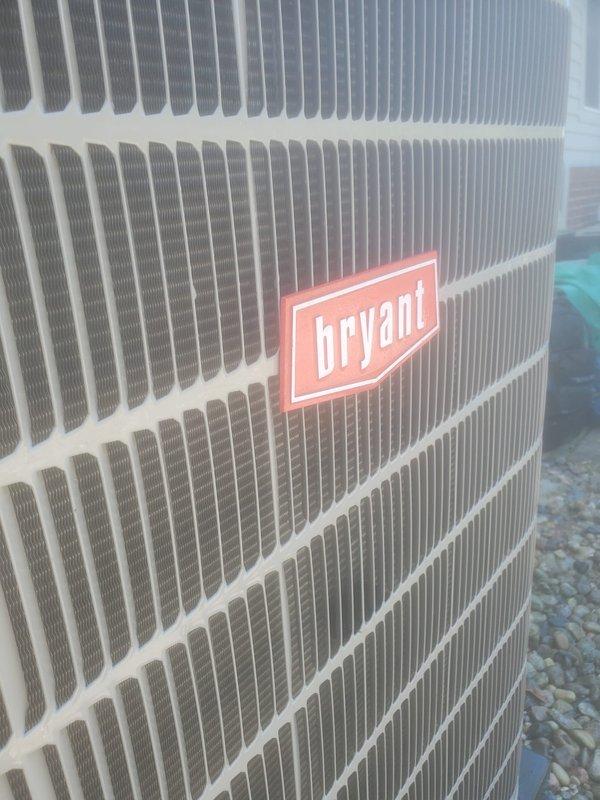 Completed routine preventative maintenance on Bryant air conditioning system. Inspected indoor air handler unit including evaporator coil, condensate drain pan, and drain line for proper operation. Condensate pan showed normal water staining with no blockages detected. Verified refrigerant lines and electrical connections secure. Proceeded to outdoor condenser unit and inspected condenser coil fins, which were clean and in good condition with no debris accumulation. Confirmed unit operational with all components functioning within normal parameters.