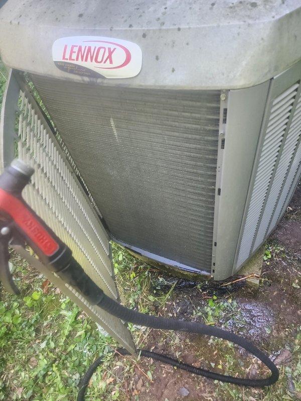 Completed routine maintenance tune-up on Lennox cooling system. Performed comprehensive inspection of outdoor condensing unit and indoor air handler, checking all electrical connections, refrigerant levels, and operational parameters. Cleaned condenser coils, verified proper airflow through heat exchanger fins, and inspected blower assembly and evaporator plenum for debris accumulation. System tested and confirmed operating within manufacturer specifications with no issues found.