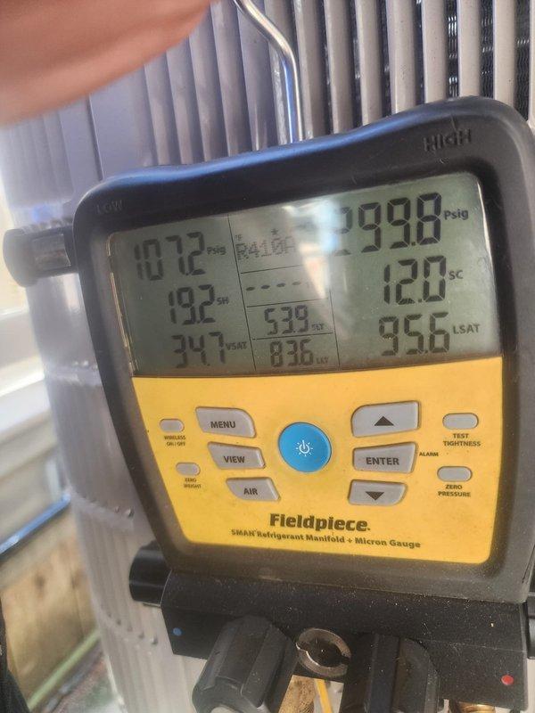 Responded to cooling deficiency complaint. Performed diagnostic evaluation of outdoor condensing unit and refrigerant system. Utilized digital manifold gauges to measure system pressures and temperatures across both high and low sides. Verified refrigerant charge levels, superheat, and subcooling readings to assess overall system performance and identify root cause of inadequate cooling capacity.