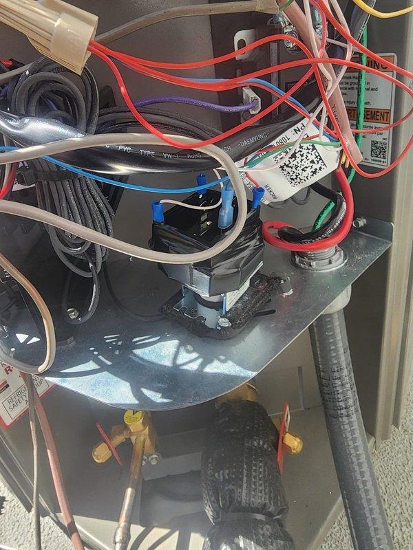 Responded to callback for AC unit producing loud buzzing noise during operation. Inspected electrical control panel and interior components, examining terminal strip connections, control board wiring, and blower assembly. All wire connections at terminal block were secure with proper gauge conductors (yellow, red, blue, green) correctly terminated. Verified control module mounting and electrical connections showed no signs of arcing or loose terminals. Checked blower motor assembly, refrigerant line routing, and mounting hardware for vibration or contact points that could generate noise. Unit operating normally at time of inspection with no buzzing detected during run cycle.